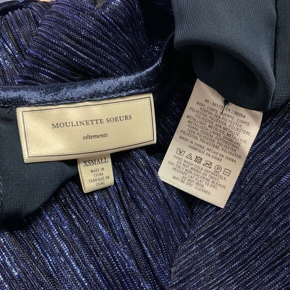 Moulinette Soeurs Anthropologie Blue Metallic Accordion Pleat Long Sleeve Top XS - Picture 9 of 10